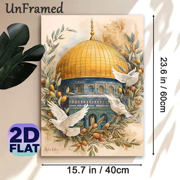 Peaceful Golden Dome & White Doves Painting Poster, Soft Watercolor Style Detailed Religious Architecture With Olive Branches Poster, Serene Spiritual_maomaolike.com