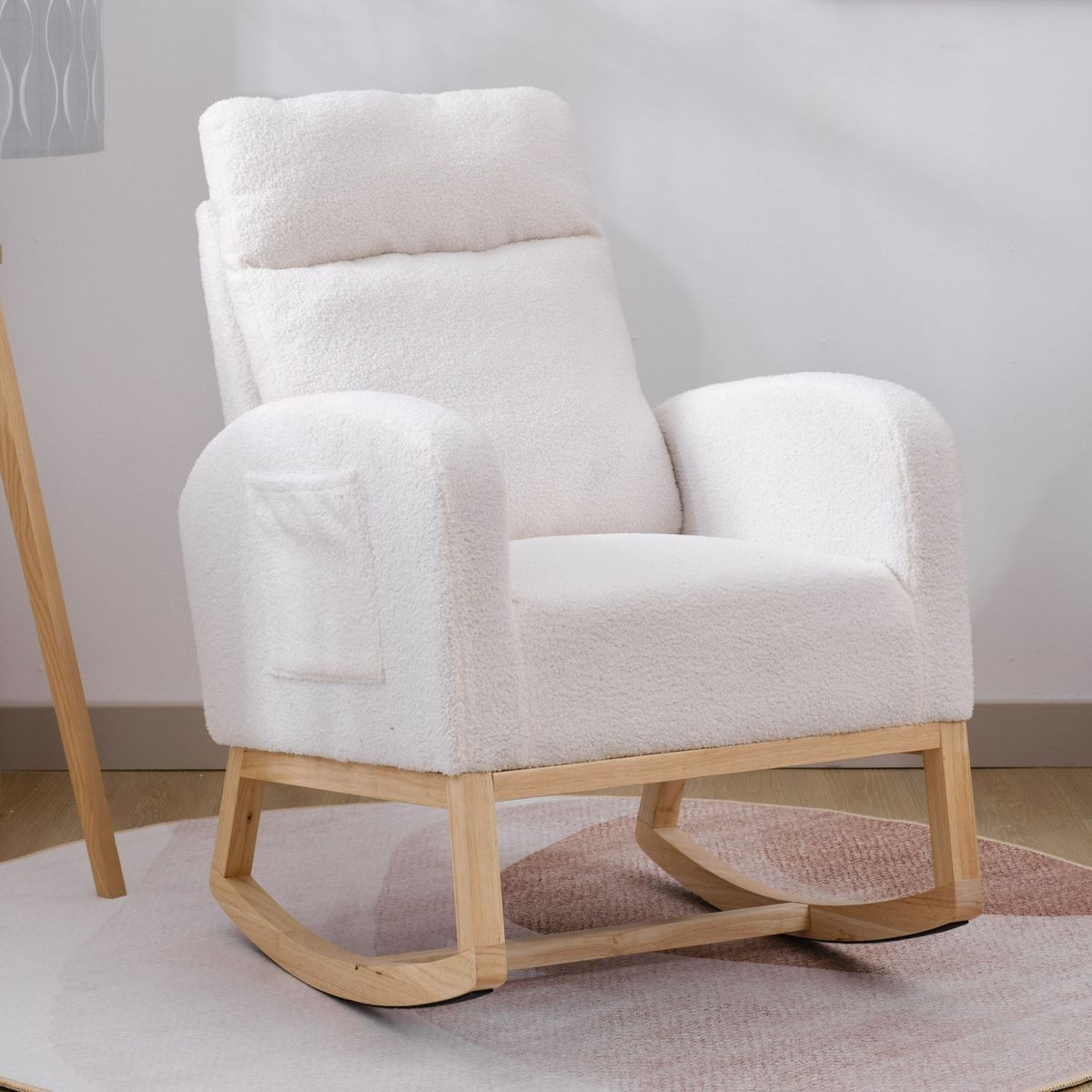 Modern Accent Rocking Chair Rocking Chair With Solid Wood Legs, Upholstered Nursery Glider Rocker, Comfy Armchair With Side Pocket, Living Room Lounge Arm Chair With High Backrest (White,teddy)_maomaolike.com