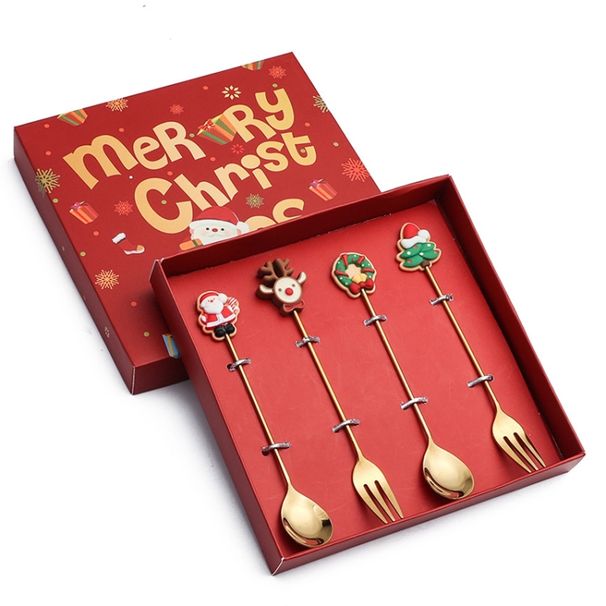 4pcs /Pack Christmas Gift Spoon Cartoon Fruit Fork Dessert Coffee Scoop_maomaolike.com