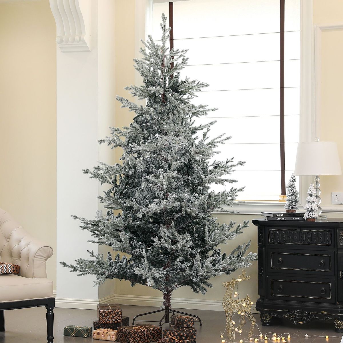 7.5ft Nordic Pine Artificial Christmas Tree With 1218 Snow Flocked Tips, Foldable Metal Stand, Easy Assembly, Hinged Xmas Tree For Home Office Holiday_maomaolike.com
