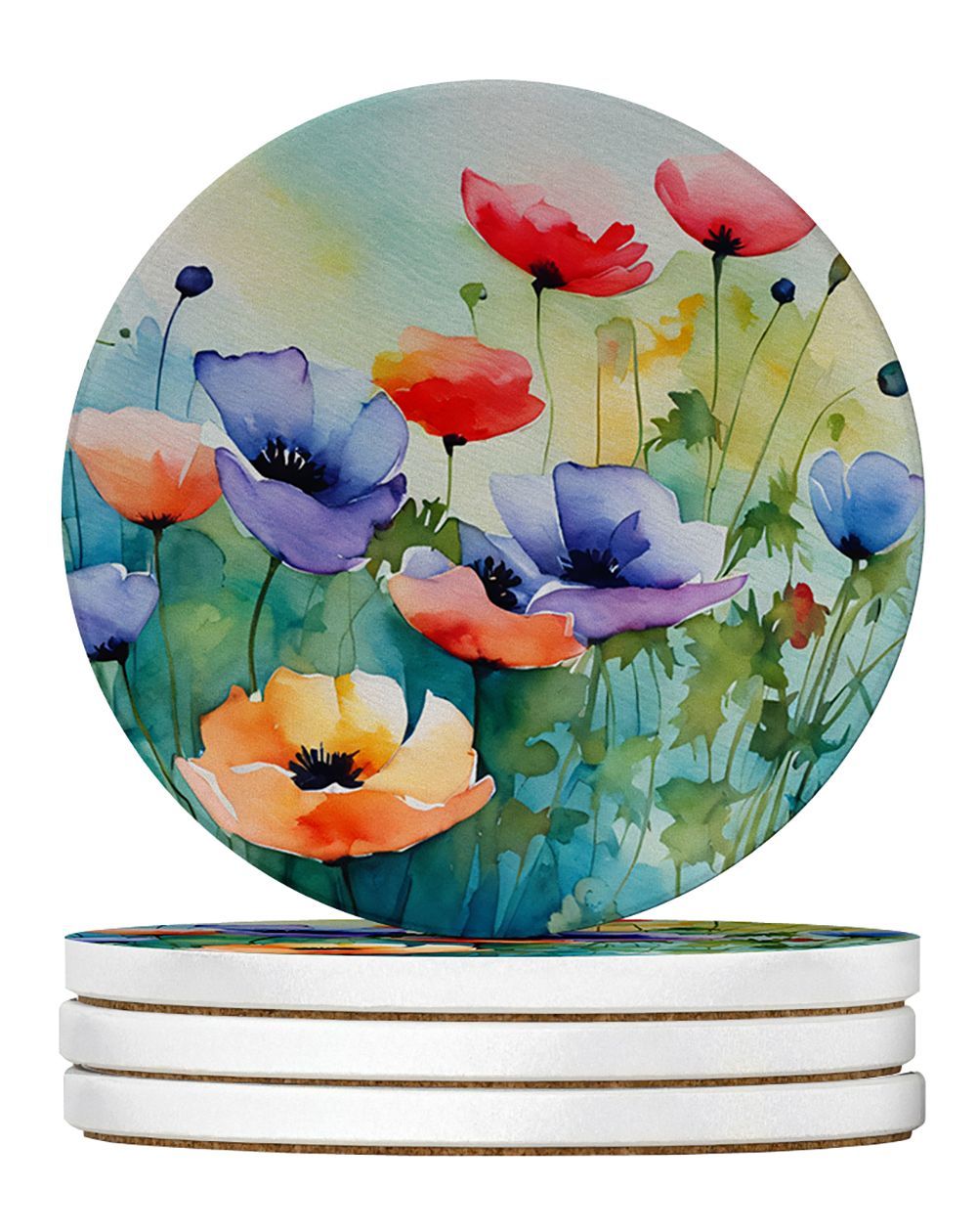 Anemones In Watercolor Large Sandstone Coasters Pack Of 4 Absorbent Round Coasters Decor Gifts For Men Or Women, 4 In, Multicolor_maomaolike.com