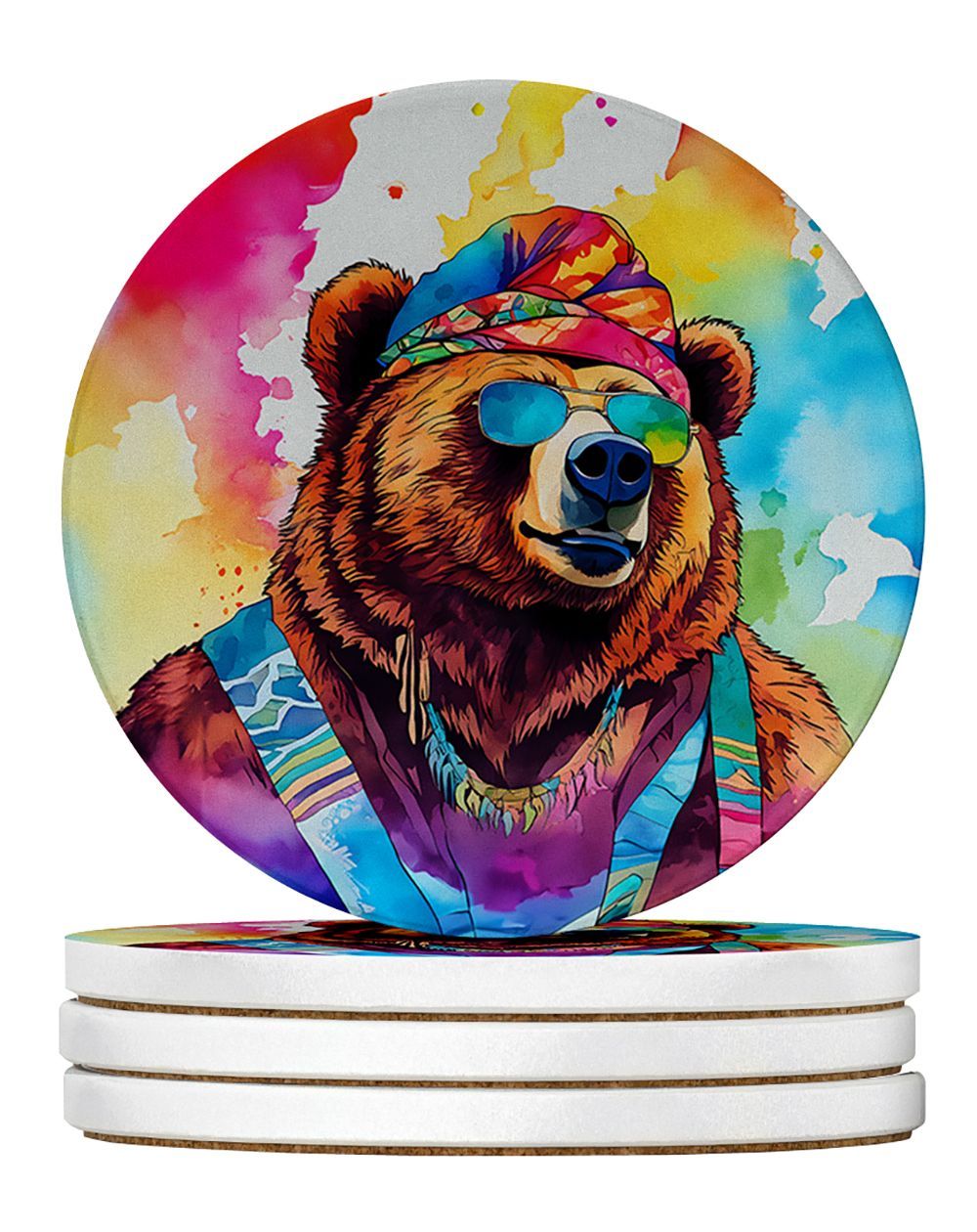 Hippie Animal Grizzly Bear Large Sandstone Coasters Pack Of 4 Absorbent Round Coasters Decor Gifts For Men Or Women, 4 In, Multicolor_maomaolike.com