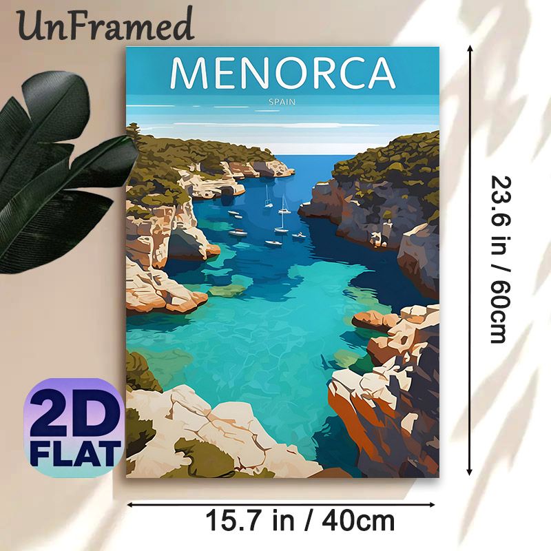 Menorca Spain Coastal Painting Poster, Vibrant Flat-style Scenic Rocky Cove With Sailboats Poster, Captures Serene Coastal Charm, Suitable For Home_maomaolike.com