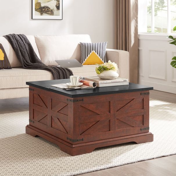 Farmhouse Coffee Table, Square Wood Center Table With Large Hidden Storage Compartment For Living Room, Barn Design Center Table Rustic Cocktail Table With Hinged Lift Top For Home L31.5''*W31.5''*H18_maomaolike.com