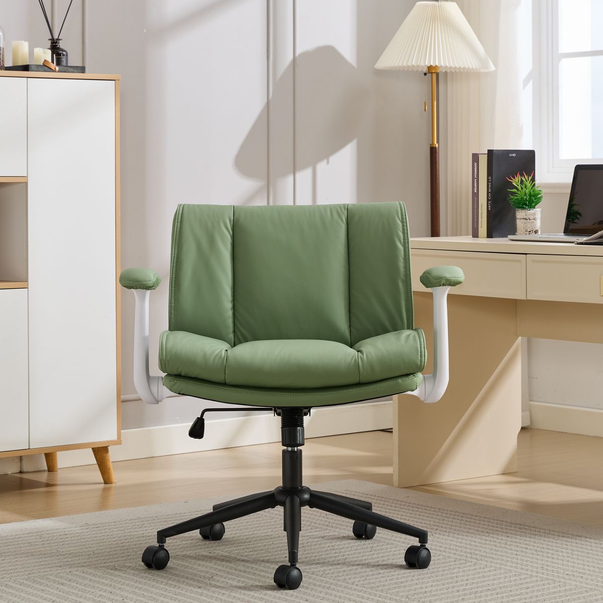 Cross Legged Chair With Flip-Up Armrests Leather, Cross Legged Office Chair On Wheels, Comfy Swivel Chair With Wide Seat For Home Office, Vanity, Ergonomic Desk Chair Adjustable, Green_maomaolike.com