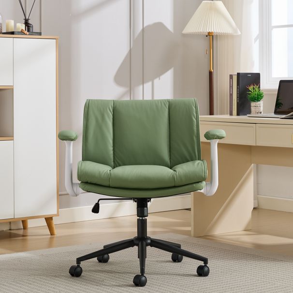 Cross Legged Chair With Flip-Up Armrests Leather, Cross Legged Office Chair On Wheels, Comfy Swivel Chair With Wide Seat For Home Office, Vanity, Ergonomic Desk Chair Adjustable, Green_maomaolike.com