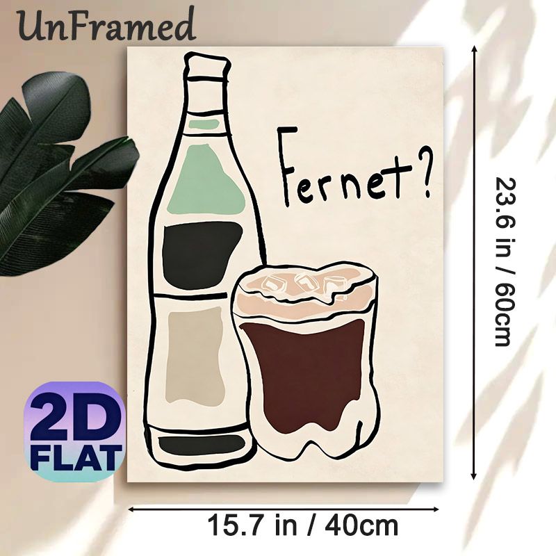 Fernet Themed Painting Poster, Minimalist Hand-drawn Wine Bottle & Iced Glass Poster, Stylish Beverage-themed Decor Ideal For Home Bar, Kitchen Or_maomaolike.com