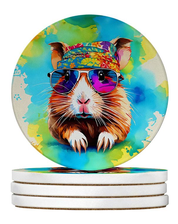 Hippie Animal Guinea Pig Large Sandstone Coasters Pack Of 4 Absorbent Round Coasters Decor Gifts For Men Or Women, 4 In, Multicolor_maomaolike.com