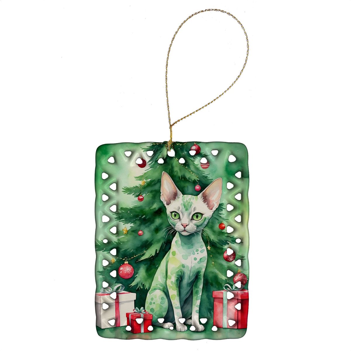 Devon Rex Cat By The Christmas Tree Porcelain Ornament Christmas Tree Hanging Decorations For Home Christmas Holiday, Rectangle, Gift, Multicolor_maomaolike.com