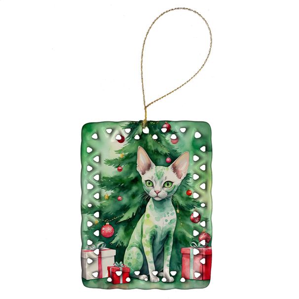 Devon Rex Cat By The Christmas Tree Porcelain Ornament Christmas Tree Hanging Decorations For Home Christmas Holiday, Rectangle, Gift, Multicolor_maomaolike.com