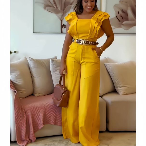 Women's clothing fashion ruffled short-sleeved tops with hip-revealing high-waist wide-leg pants two-piece suit_maomaolike.com
