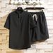 Men's Clothing two-piece suit stand-up collar retro short-sleeved suit casual solid color cotton and linen two-piece suit_maomaolike.com