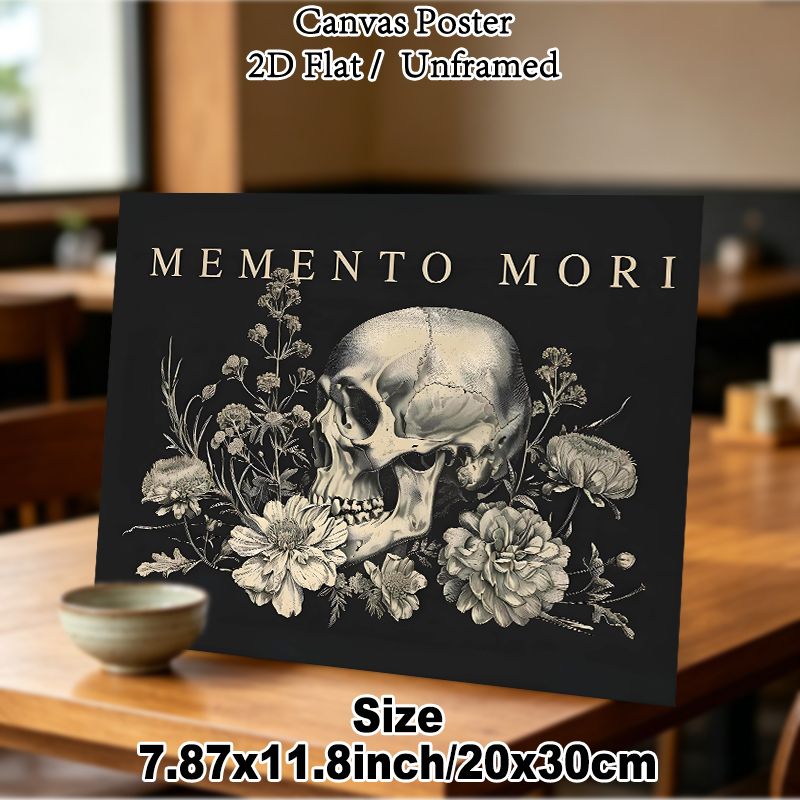 Memento Mori Skull & Floral Painting Poster, Vintage Monochrome Detailed Skull With Wild Floral Illustration Poster, Thought-provoking Wall Art For_maomaolike.com