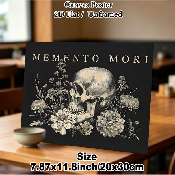 Memento Mori Skull & Floral Painting Poster, Vintage Monochrome Detailed Skull With Wild Floral Illustration Poster, Thought-provoking Wall Art For_maomaolike.com