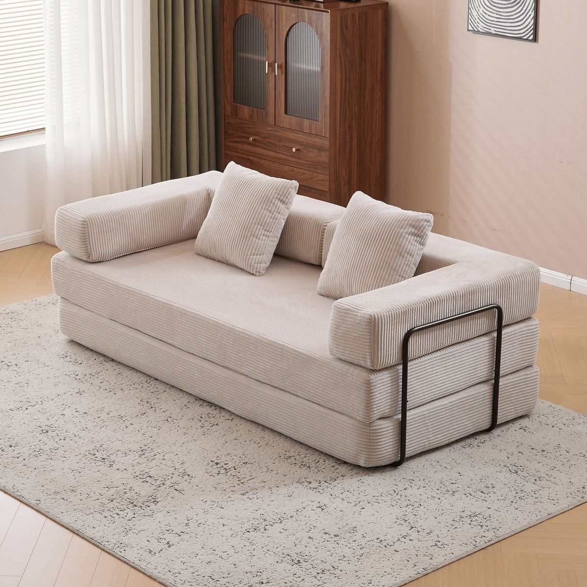 Floor Couch,Compression Sofa,Convertible Floor Sofa Bed-with Pillow Back Support Armrest,Comfy Futon Couch Lounge Sleeper Bed,Corduroy Fabric,for Living Room Bedroom,Light Grey_maomaolike.com