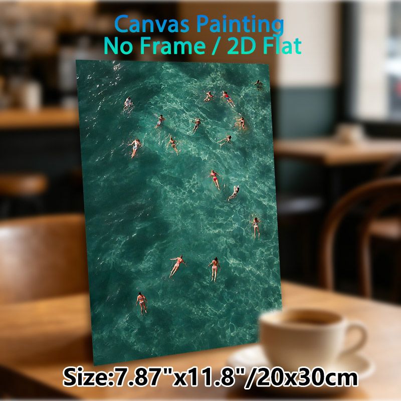 Aerial Swimming Scene Painting Poster, Vibrant Artistic Overhead View Of People Swimming In Turquoise Waters Poster, Captures Lively Summer Leisure_maomaolike.com