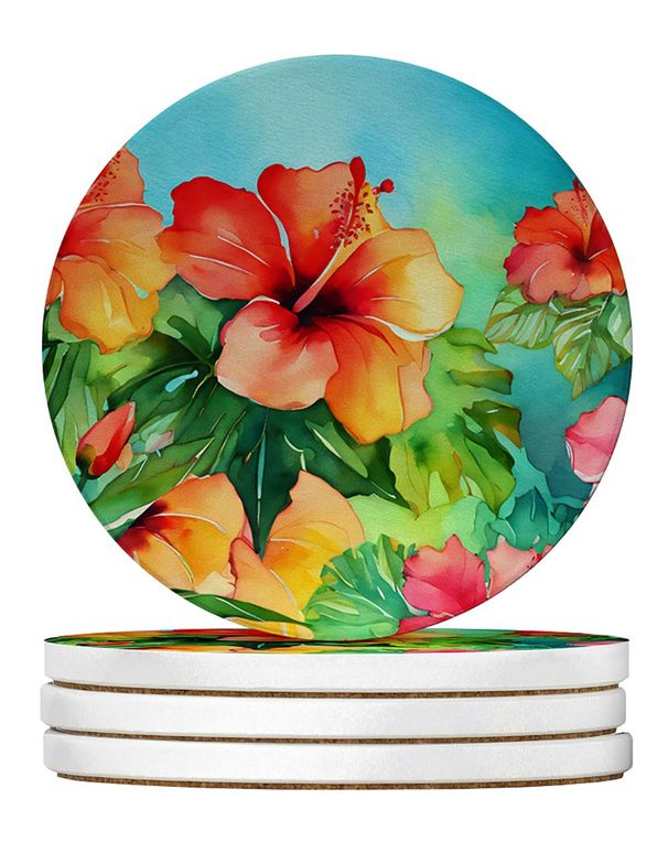 Hawaii Hawaiian Hibiscus In Watercolor Large Sandstone Coasters Pack Of 4 Absorbent Round Coasters Decor Gifts For Men Or Women, 4 In, Multicolor_maomaolike.com