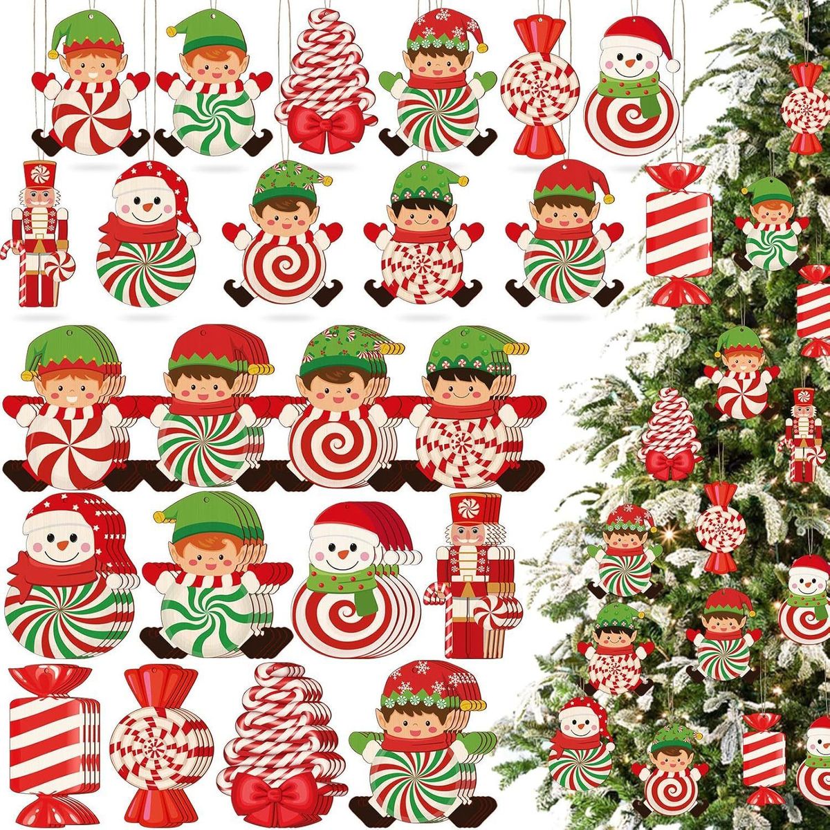 24Pcs Elves Christmas Tree Wooden Ornaments Candy Canes Design Ornament With Ropes Elf Snowman Soldier Santa Claus Penguin Gingerbread Decor For Home Wall Christmas Tree Party_maomaolike.com