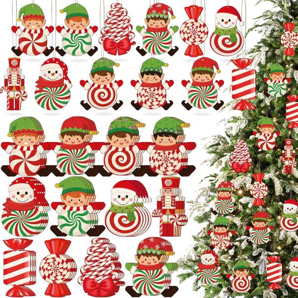 24Pcs Elves Christmas Tree Wooden Ornaments Candy Canes Design Ornament With Ropes Elf Snowman Soldier Santa Claus Penguin Gingerbread Decor For Home Wall Christmas Tree Party_maomaolike.com