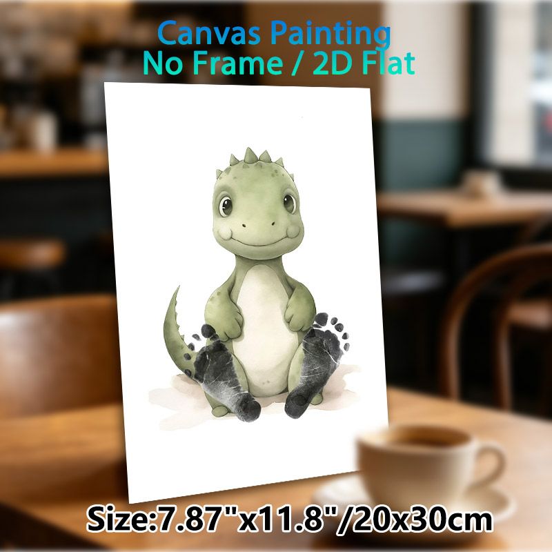 Cute Baby Dinosaur Painting Poster, Soft Watercolor Style Green Dinosaur With Footprint Accents Poster, Warm Whimsical Decor For Bedroom & Living Room_maomaolike.com