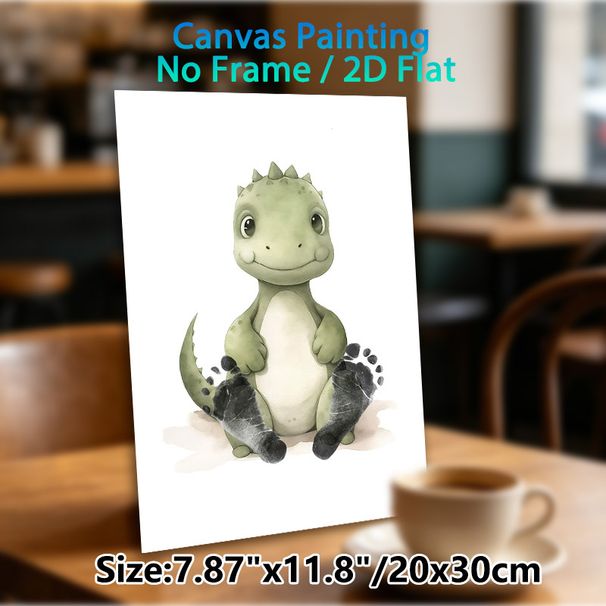 Cute Baby Dinosaur Painting Poster, Soft Watercolor Style Green Dinosaur With Footprint Accents Poster, Warm Whimsical Decor For Bedroom & Living Room_maomaolike.com