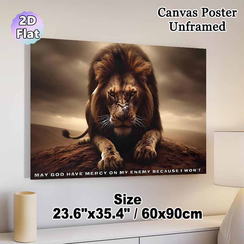 Battle-Scarred Lion Painting Poster, Dramatic Dark-Toned Realistic Scarred Lion Scene Poster, Impactful Design With Bold Motivational Quote, Ideal For_maomaolike.com