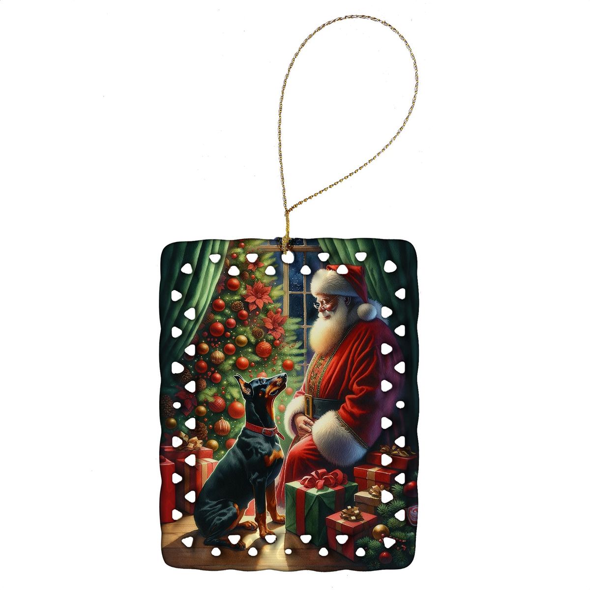 Doberman Pinscher And Santa Claus Porcelain Ornament Christmas Tree Hanging Decorations For Home Christmas Holiday, Rectangle, Gift, Multicolor_maomaolike.com
