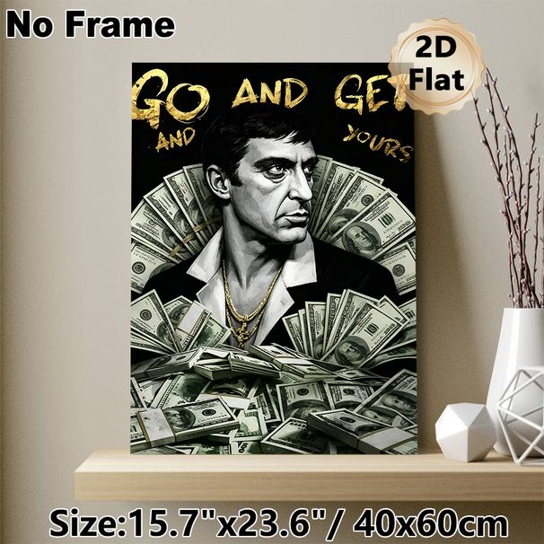 Money Motivational Scarface Painting Poster, Monochrome With Gold Accents Portrait Poster, Inspirational "Go And Get Yours" Decor, Ideal For Home_maomaolike.com