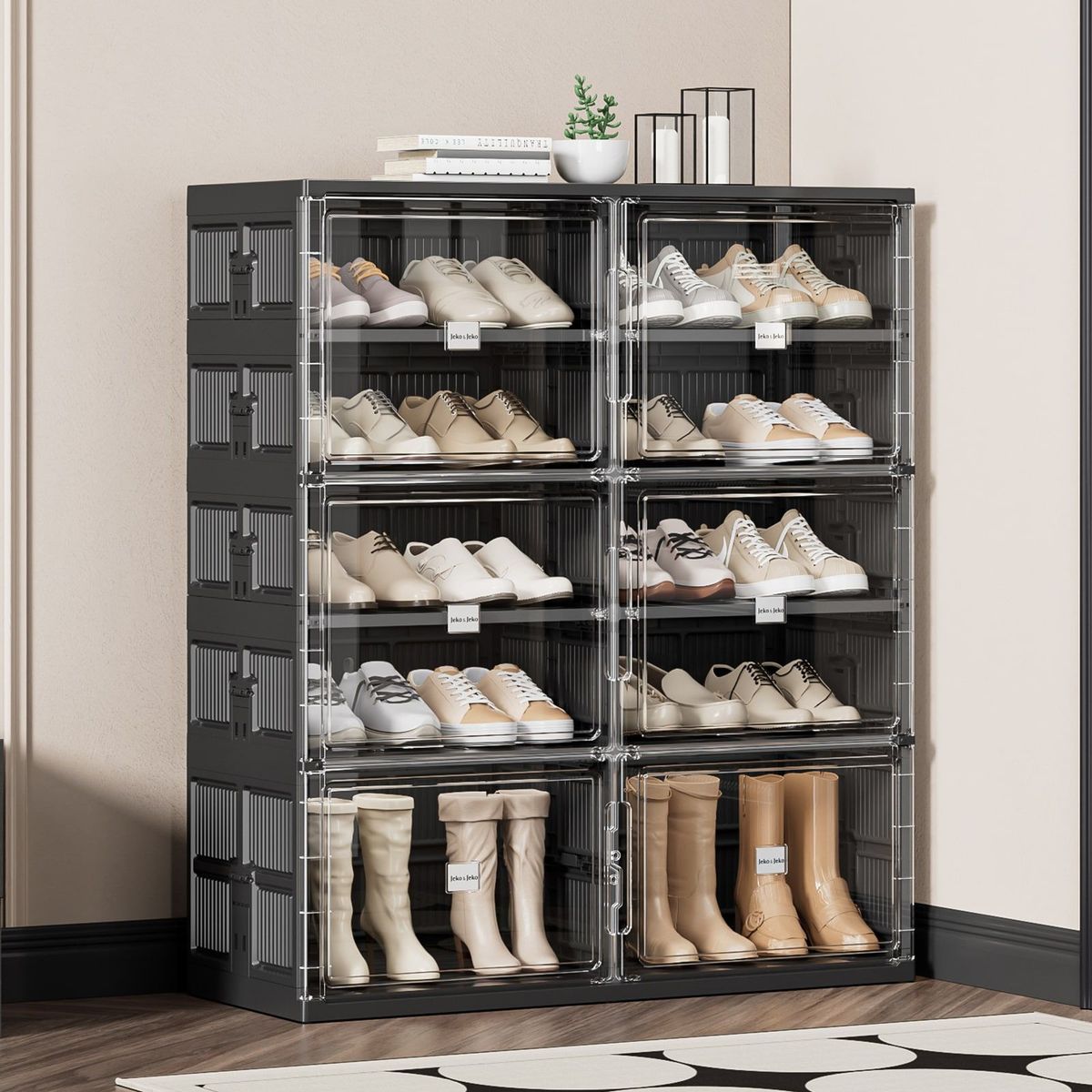 5 Tiers 20 Pairs Heavy Duty Shoe Storage And Organizer, Hard Plastic Stackable Shoe Box, Shoe Cabinet Storage For Entryway, Large Shoe Storage Bins, Folding Shoe Rack With Magnetic Door_maomaolike.com