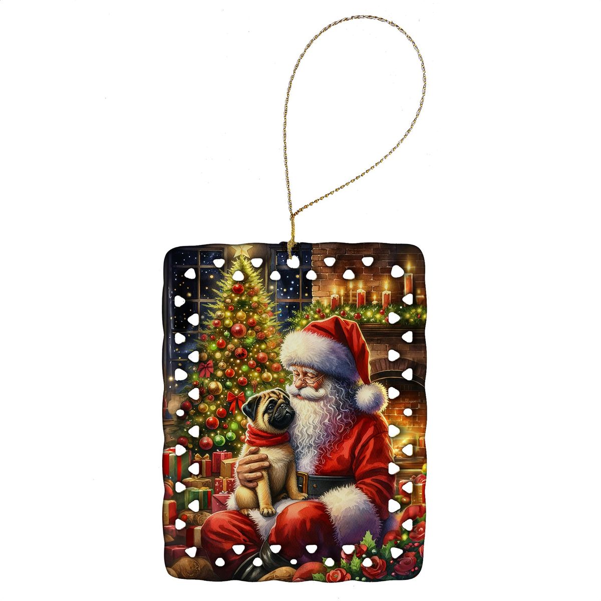 Fawn Pug And Santa Claus Porcelain Ornament Christmas Tree Hanging Decorations For Home Christmas Holiday, Rectangle, Gift, Multicolor_maomaolike.com