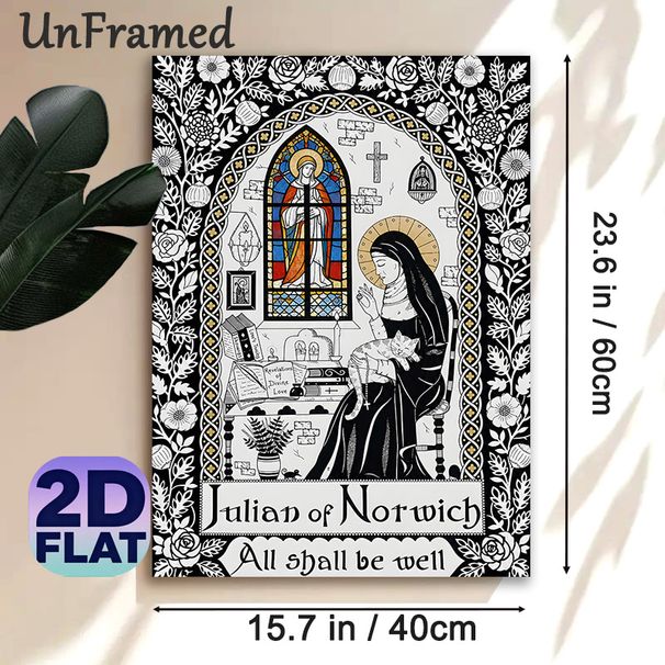 Julian Of Norwich Religious Painting Poster, Vintage Detailed Illustrated Scene With Nun, Cat & Stained Glass Poster, Serene Spiritual Artwork_maomaolike.com