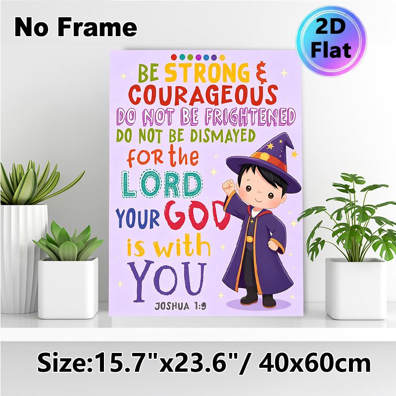 Bible Verse Joshua 1:9 Painting Poster, Vibrant Cartoon Wizard Themed Poster, Uplifting Encouraging Message Suitable For Bedroom, Living Room_maomaolike.com