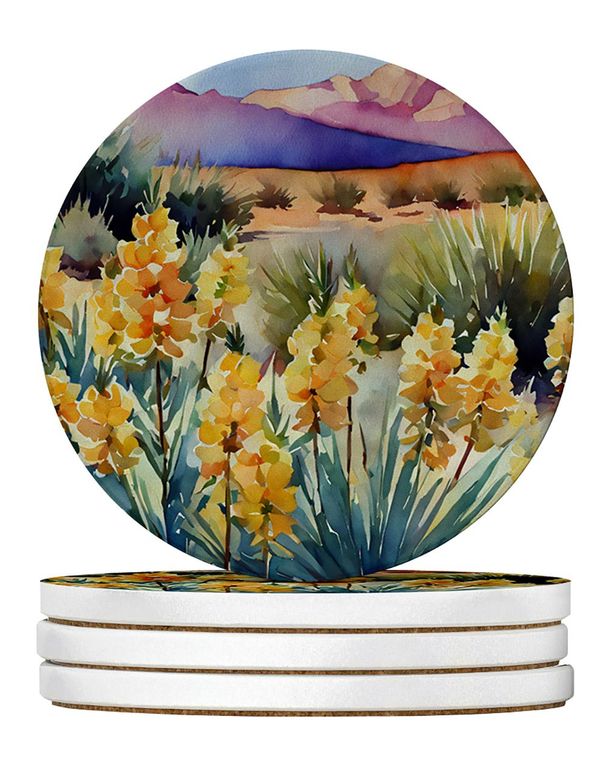 New Mexico Yucca Flower In Watercolor Large Sandstone Coasters Pack Of 4 Absorbent Round Coasters Decor Gifts For Men Or Women, 4 In, Multicolor_maomaolike.com