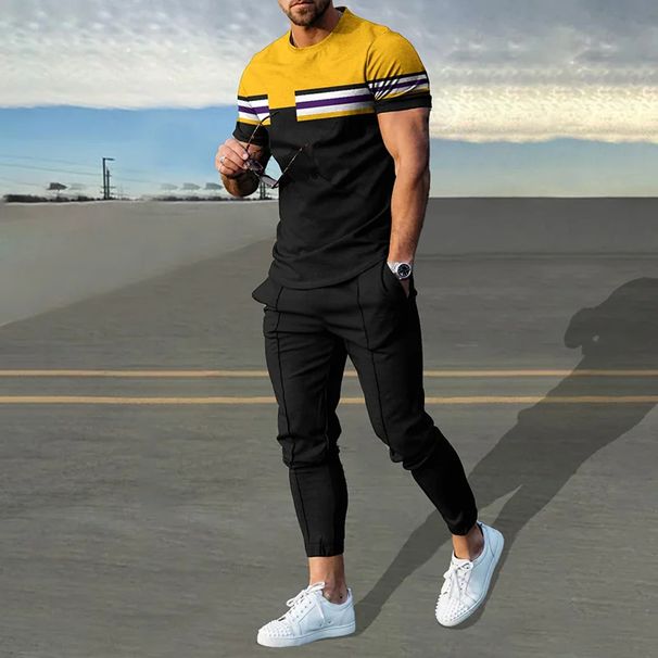 Men's Clothing casual short-sleeved suit 3D digital printing color stripes fashion short-sleeved trousers suit_maomaolike.com