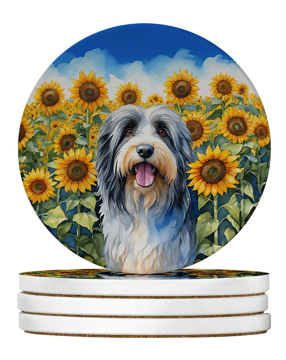 Bearded Collie In Sunflowers Large Sandstone Coasters Pack Of 4 Absorbent Round Coasters Decor Gifts For Men Or Women, 4 In, Multicolor_maomaolike.com