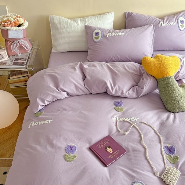 Wholesale INS Korean Style Purple Tulip Towel Pure Four-Piece Set Washed Cotton Embroidered Bedding_maomaolike.com