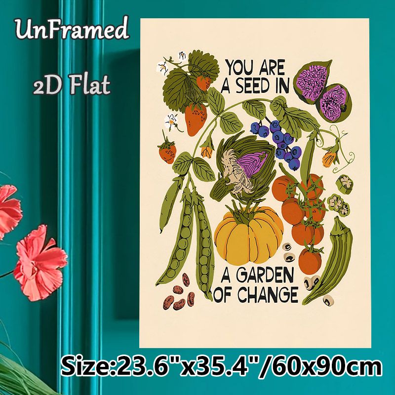 Inspirational Garden-themed Painting Poster, Whimsical Hand-drawn Veggies & Fruits Poster, Warm Motivational Quote Decor Ideal For Kitchen, Dining_maomaolike.com