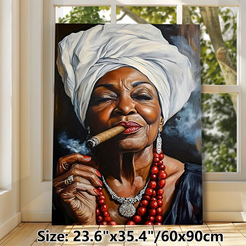 Elderly African Woman Painting Poster, Realistic Detailed Portrait Poster, Captivating Artwork With Headwrap, Cigar And Red Bead Necklaces, Ideal For_maomaolike.com