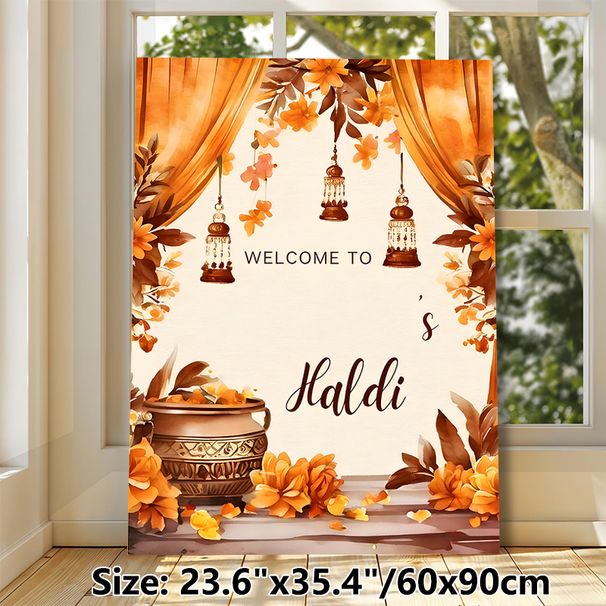 Haldi Welcome Painting Poster, Warm Watercolor Style Poster, Orange Floral & Lantern Adorned Festive Welcome Decor, Ideal For Haldi Ceremony Venues_maomaolike.com