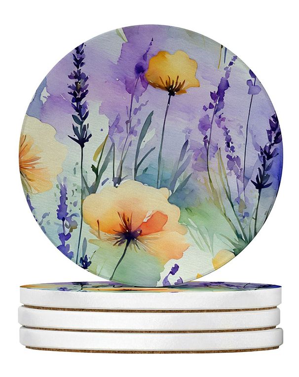 Lavender In Watercolor Large Sandstone Coasters Pack Of 4 Absorbent Round Coasters Decor Gifts For Men Or Women, 4 In, Multicolor_maomaolike.com