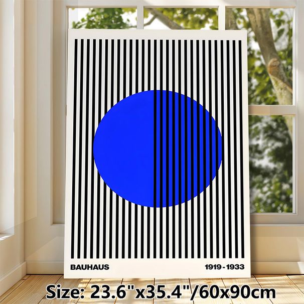 Bauhaus Geometric Painting Poster, Minimalist Bold Blue Circle & Vertical Stripes Abstract Poster, Sleek Modern Decor Piece For Living Room, Office_maomaolike.com