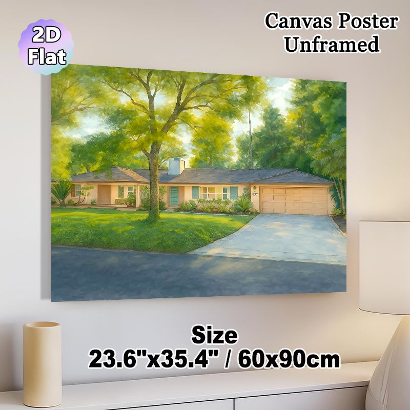 Suburban Residence Painting Poster, Soft Watercolor Sunlit House With Lush Greenery Poster, Tranquil Homey Decor Ideal For Living Room, Bedroom And_maomaolike.com