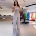 Women's Clothing summer new fashion slanted shoulder collar waist solid color wide leg jumpsuit for women_maomaolike.com