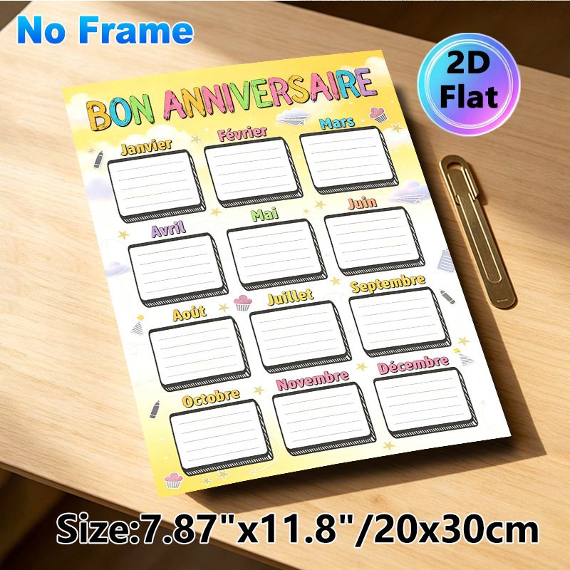 French Birthday Anniversary Tracking Chart Painting Poster, Colorful Cartoon-style Cheerful Poster, Functional To Record Monthly Birthdays, Suitable_maomaolike.com