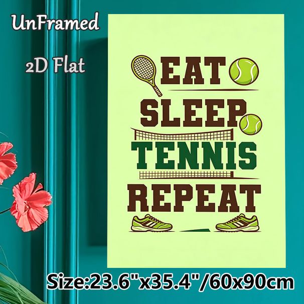 Tennis Themed Painting Poster, Playful Typographic Graphic Poster, "Eat Sleep Tennis Repeat" Design With Racket, Balls, Net & Sneakers, Sporty Decor_maomaolike.com