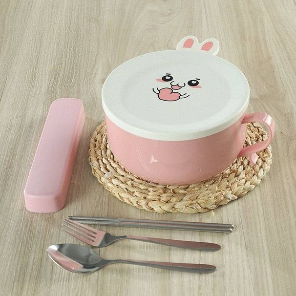 Cute Cartoon Stainless Steel Instant Noodle Bowl 1000ML With Flatware 3pcs Set Single Handle Double Handle Storage Box Soup Bowl Rice Bowl Cereal Bowl_maomaolike.com