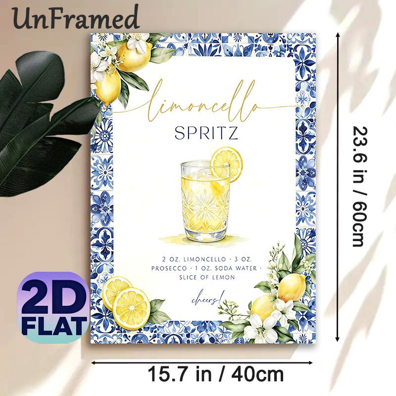 Limoncello Spritz Cocktail Painting Poster, Watercolor Style With Blue Tile Border & Fresh Lemon Elements Poster, Displays Drink Recipe, Ideal For_maomaolike.com