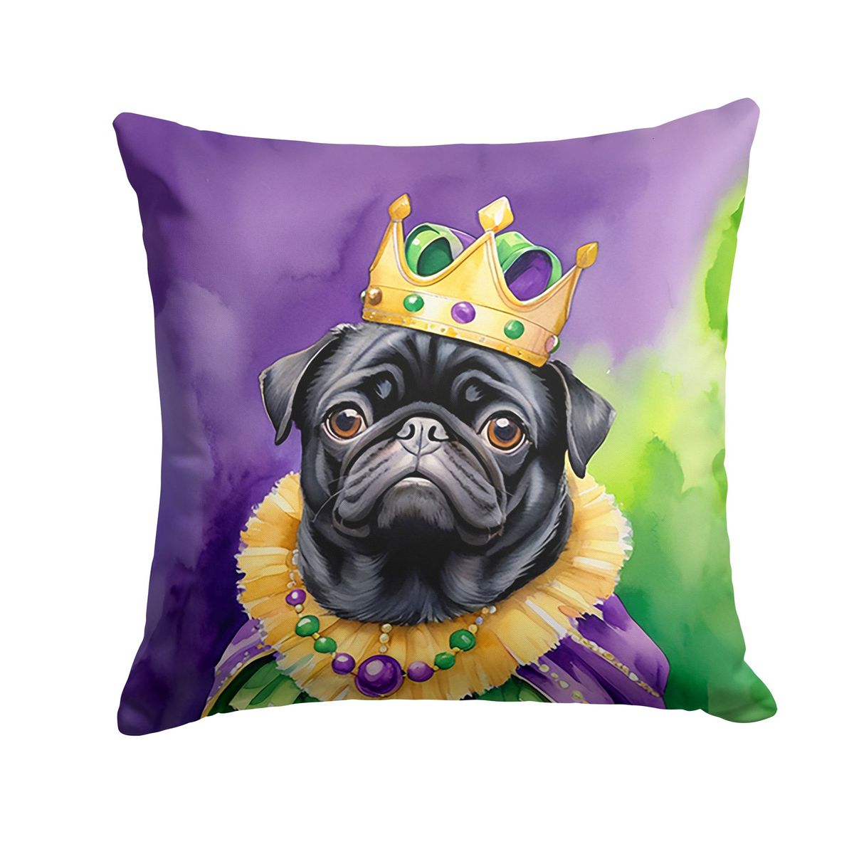 Black Pug King Of Mardi Gras Throw Pillow Machine Washable, Indoor Outdoor Decorative Pillow For Couch, Bed Or Patio, 14Hx14W_maomaolike.com