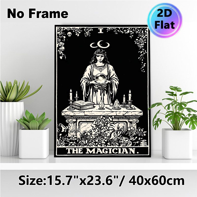 The Magician Tarot Painting Poster, Monochrome Gothic Style Poster, Mysterious Occult-inspired Design With Crystal Ball, Candles And Spellbook_maomaolike.com