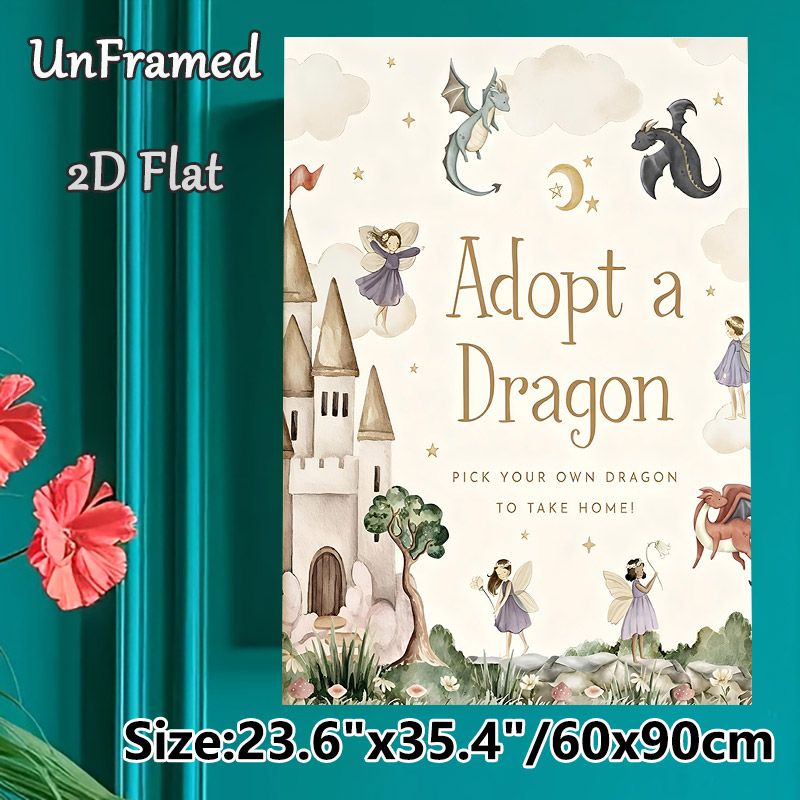 "Adopt A Dragon" Fantasy Painting Poster, Soft Watercolor Magical Castle & Fairy Scene Poster, Whimsical Decorative Artwork Suitable For Bedroom_maomaolike.com